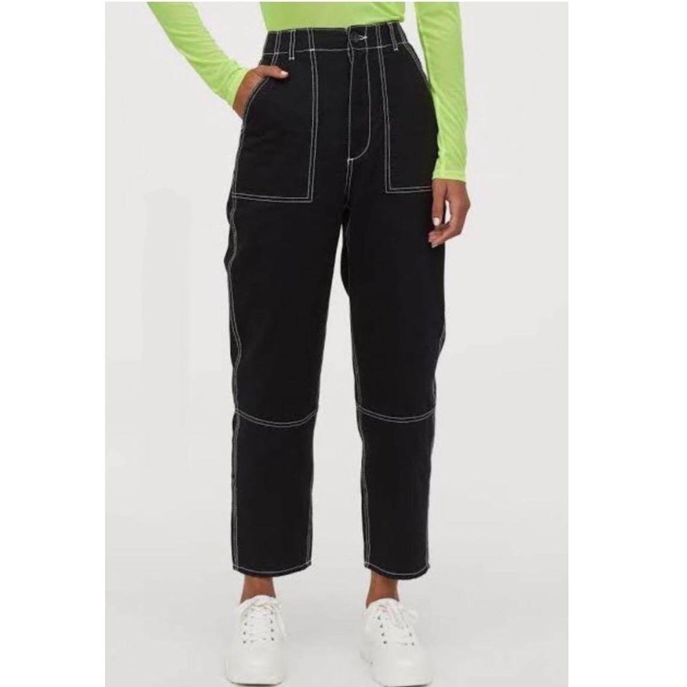 Divided H&M Women's Size 8 Contrast Stitch Baggy Fit Carpenter Jeans Black White